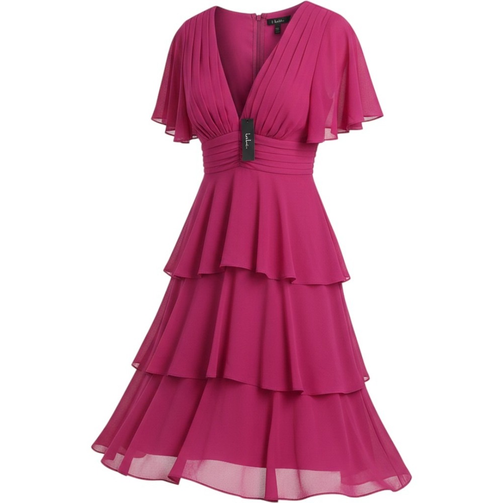Lulus Magenta Pink Tiered Flutter Sleeve V-Neck Midi Dress NWT